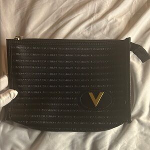 VTG Mario Valentino Embossed Logo Leather Toiletry Clutch Bag | Black & Gold